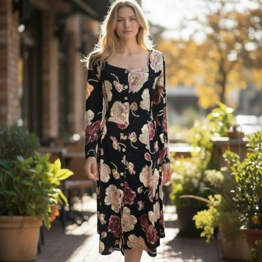 Vintage Cottagecore Coastal Cowgirl Coquette Moody Floral Dress 90s Grunge M